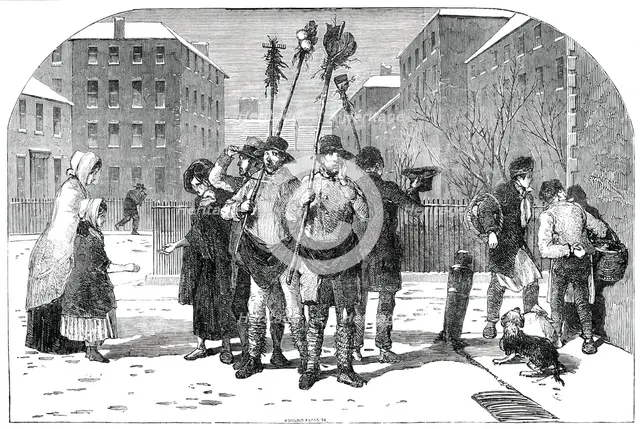 Frozen-Out Gardeners and Snow Clearers - drawn by Foster, 1850.  Creator: Edmund Evans.