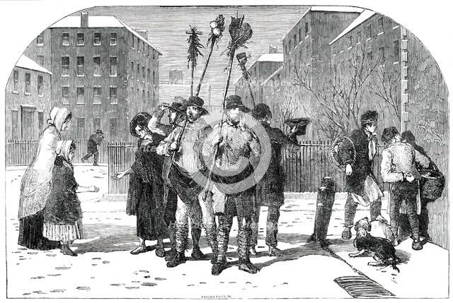 Frozen-Out Gardeners and Snow Clearers - drawn by Foster, 1850.  Creator: Edmund Evans.