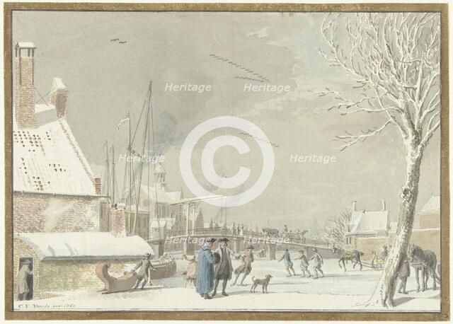 Frozen city canal with skaters, 1769. Creator: Cornelis van Noorde.