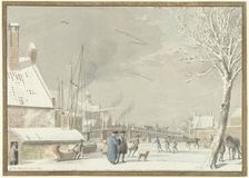 Frozen city canal with skaters, 1769. Creator: Cornelis van Noorde