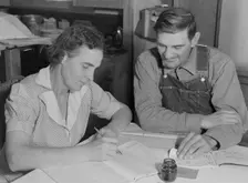 FSA borrowers on new farm keep account of their loan, Dead Ox Flat, Malheur County, Oregon, 1939. Creator: Dorothea Lange