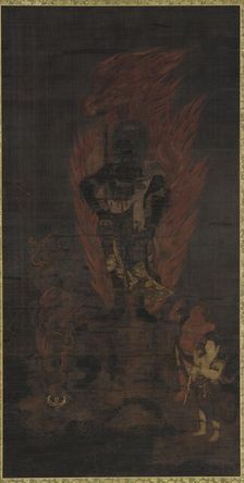 Fudo Myo o, with attendants Kongara and Seitaka, Muromachi period, 14th-15th century. Creator: Unknown