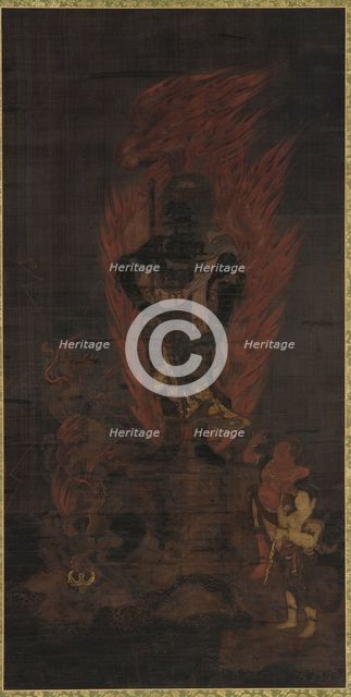 Fudo Myo 'o, with attendants Kongara and Seitaka, Muromachi period, 14th-15th century. Creator: Unknown.
