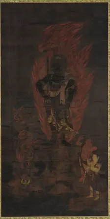 Fudo Myo o, with attendants Kongara and Seitaka, Muromachi period, 14th-15th century. Creator: Unknown