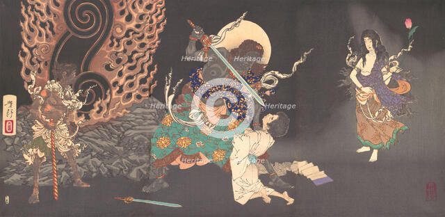 Fudo Myoo Threatening a Novice, 1885. Creator: Tsukioka Yoshitoshi.