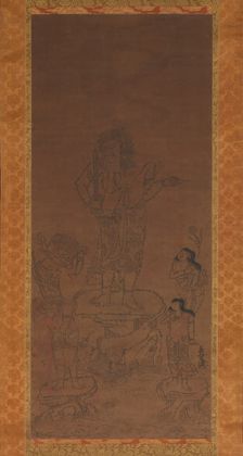 Fudo Myoo with Four Attendants, Outlined in Seed Syllables, 15th century. Creator: Chikai