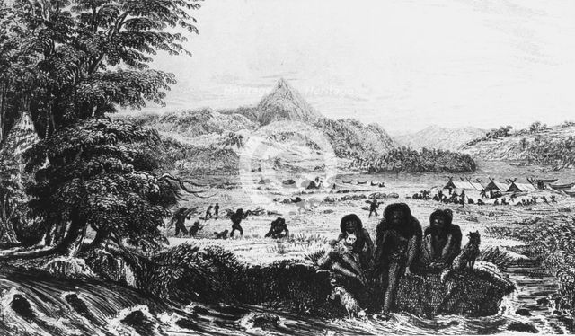 Fuegians at Woollya, with the Fitzroy expedition's camp in the background, 1831 (1839). Creator: Unknown.