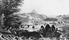 Fuegians at Woollya, with the Fitzroy expedition's camp in the background, 1831 (1839). Creator: Unknown