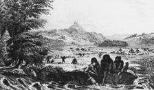 Fuegians at Woollya, with the Fitzroy expedition's camp in the background, 1831 (1839). Creator: Unknown