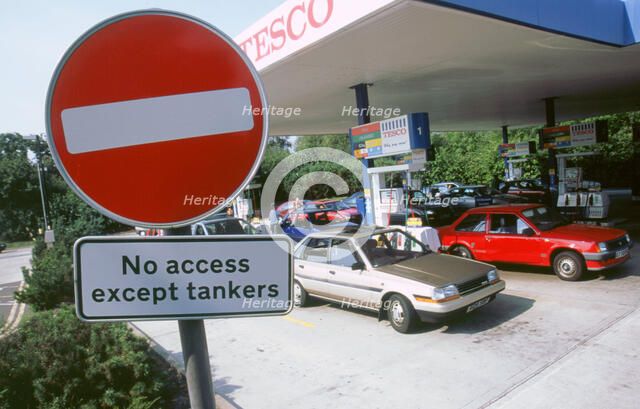 Fuel crisis 2000. Queues for petrol. Artist: Unknown.