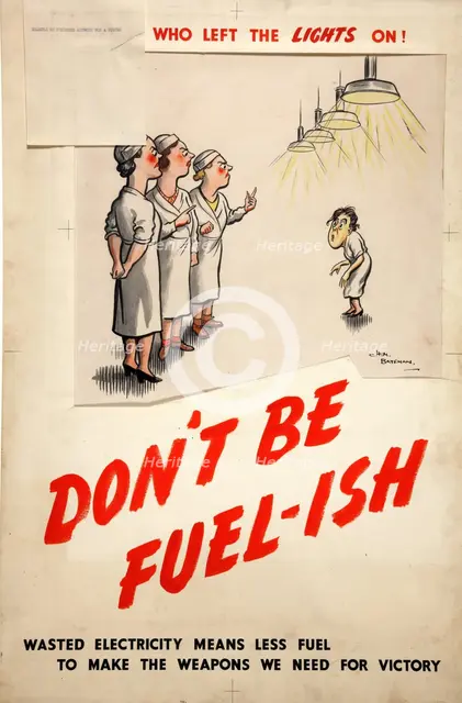 Fuel Economy: 'The worker who left the lights on - don't be fuel-ish'  Creators: Central Office of Information, Henry Mayo Bateman.