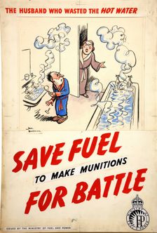 Fuel Economy: The husband who wasted the hot water 1939 and 1946. Creators: Central Office of Information, Henry Mayo Bateman