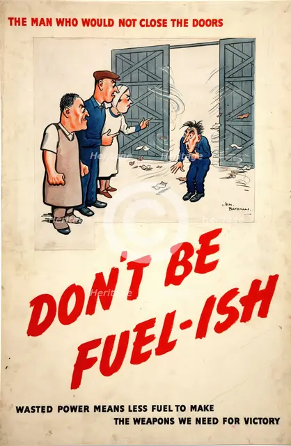 Fuel Economy: 'The man who would not close the doors..., 1939 and 1946. Creators: Central Office of Information, Henry Mayo Bateman.
