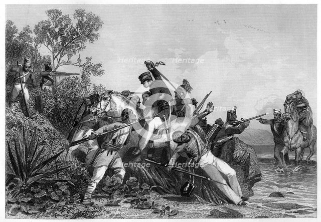 'Fugitive British officers and their families attacked by mutineers', 1857, (c1860). Artist: Unknown