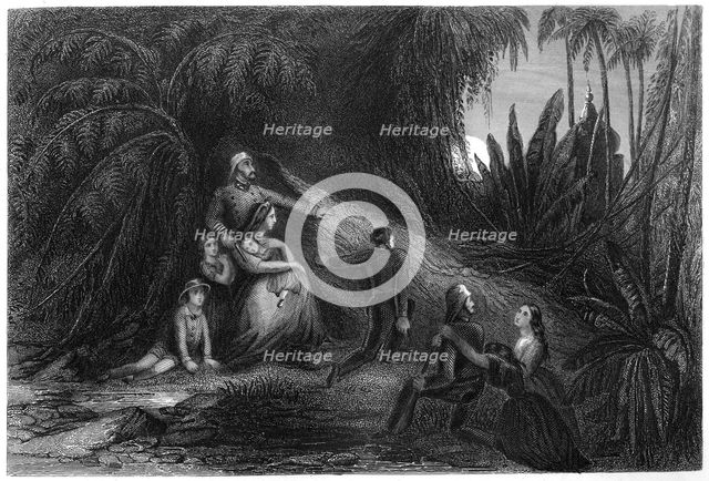 'Fugitive officers, with their families concealing themselves in the jungle', 1857, (c1860). Artist: Unknown