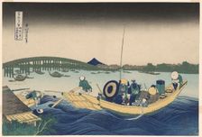 Fuji from Ommayagashi with Twilight over Ryogoku Bridge (Ommayagashi yori ryogokubas..., c. 1830/33. Creator: Hokusai