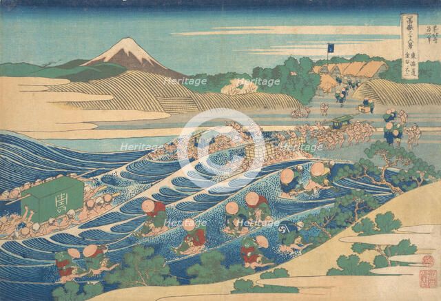 Fuji Seen from Kanaya on the Tokaido (Tokaido Kanaya no Fuji), from the series Thir..., ca. 1830-32. Creator: Hokusai.