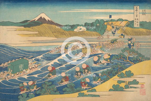 Fuji Seen from Kanaya on the Tokaido (Tokaido Kanaya no Fuji), from the series Thir..., ca. 1830-32. Creator: Hokusai.