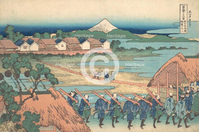 Fuji Seen in the Distance from Senju Pleasure Quarter (Senju kagai yori chobo no Fu..., ca. 1830-32. Creator: Hokusai.