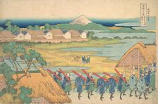 Fuji Seen in the Distance from Senju Pleasure Quarter (Senju kagai yori chobo no Fu..., ca. 1830-32. Creator: Hokusai