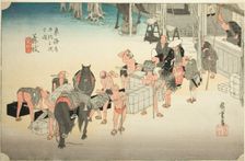 Fujieda: Changing Porters and Horses (Fujieda, jinba tsugitate), from the series..., c. 1833/34. Creator: Ando Hiroshige