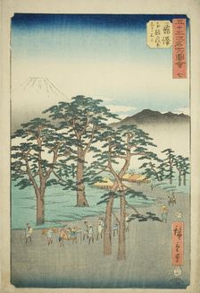 Fujisawa: Mount Fuji on the Left from the Nanki Pine Grove (Fujisawa, Nanki no Matsubara h..., 1855. Creator: Ando Hiroshige