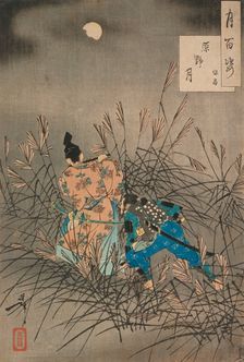 Fujiwara no Yasumasa Playing the Flute by Moonlight on an Open Moor, 1888. Creator: Tsukioka Yoshitoshi