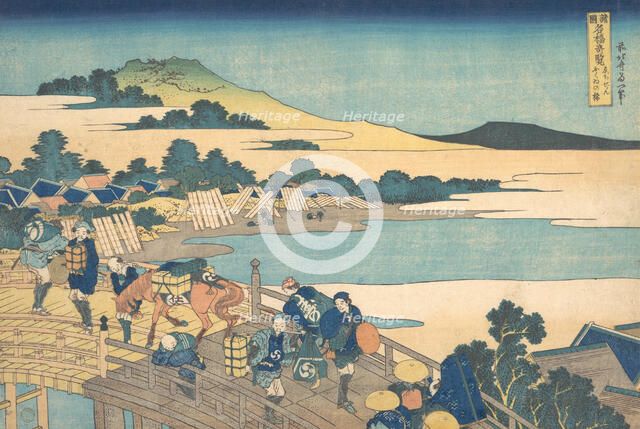 Fukui Bridge in Echizen Province (Echizen Fukui no hashi), from the series Remarkable V..., 1827-30. Creator: Hokusai.