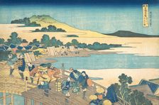 Fukui Bridge in Echizen Province (Echizen Fukui no hashi), from the series Remarkable ..., ca. 1830. Creator: Hokusai