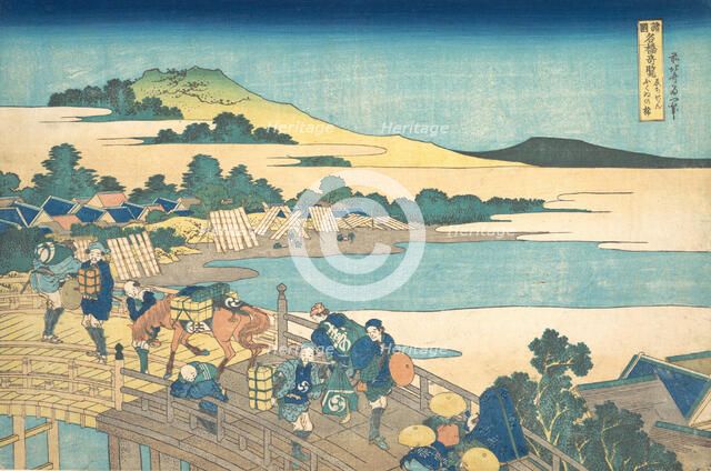 Fukui Bridge in Echizen Province (Echizen Fukui no hashi), from the series Remarkable ..., ca. 1830. Creator: Hokusai.
