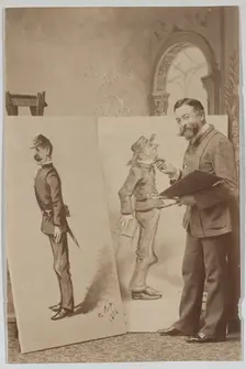 Full-length Portrait of Thomas Nast with Two Caricatures, ca. 1888., ca. 1888. Creator: Unknown