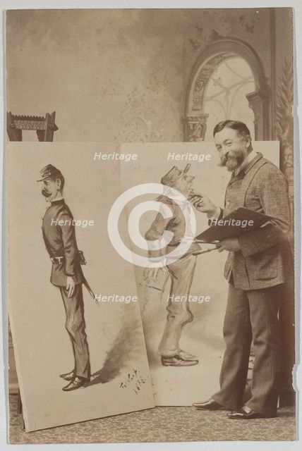Full-length Portrait of Thomas Nast with Two Caricatures, ca. 1888., ca. 1888. Creator: Unknown.