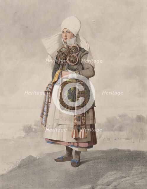 Full-length woman in costume with landscape in the background, 1810-1857.  Creator: Otto Wallgren.