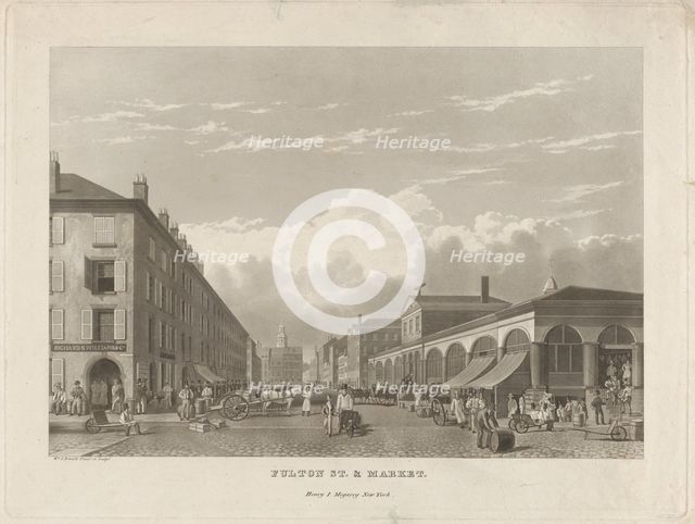 Fulton Street and Market, New York, 1834. Creator: William James Bennett.