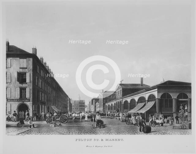 Fulton Street & Market, New York (The Bennett View of Fulton Street), 1834. Creator: William James Bennett.
