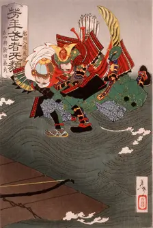 Funada Nyudo Yoshimasa Grappling with Sachujo Nitta Yoshisada in Midair, 1886. Creator: Tsukioka Yoshitoshi