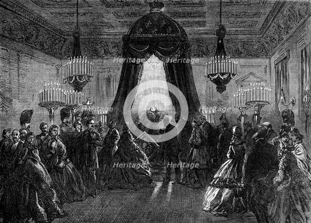 Funeral of the late King of the Belgians: the body lying in state...Royal Palace at Brussels, 1865. Creator: Unknown.