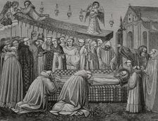 Funeral of Saint Benedict of Nursia, (480-547), Italian Christian monk, 547, (1388), 1877. Creator: Jules Jean Marie Joseph Huyot