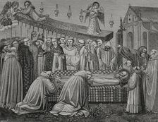 Funeral of Saint Benedict of Nursia, (480-547), Italian Christian monk, 547, (1388), 1877. Creator: Jules Jean Marie Joseph Huyot