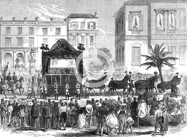 Funeral Procession of the late King of Bavaria at Nice: the cortége leaving the Villa Lions, 1868. Creator: Unknown.