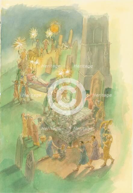 Funeral procession, Brougham Roman cemetery, Cumbria, 3rd century. Artist: Judith Dobie.