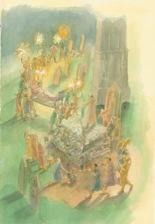 Funeral procession, Brougham Roman cemetery, Cumbria, 3rd century. Artist: Judith Dobie