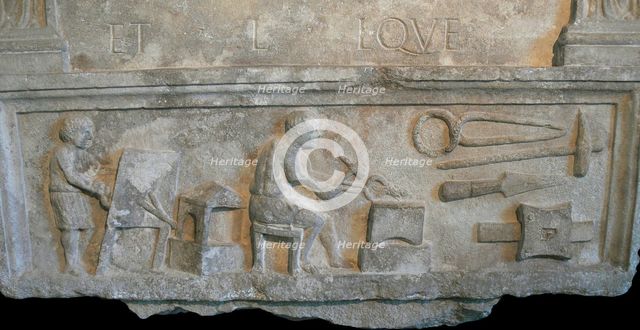 Funeral stele depicting a blacksmith's forge, 1st century. Creator: Classical Antiquities.