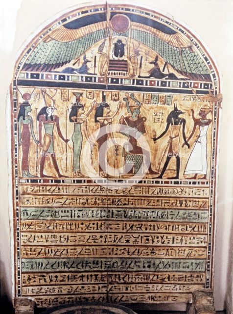 Funerary stela representing the deceased accompanied by Anubis in the presence of Osiris and Horu…