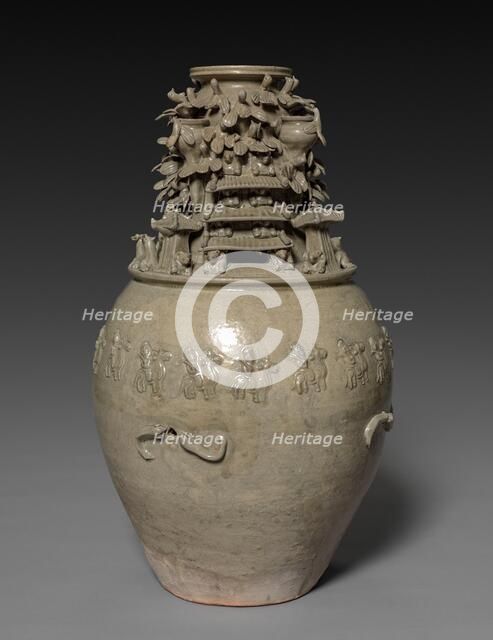Funerary Urn (Hunping) with Figures, Pavilions, and Birds, 265-316. Creator: Unknown.