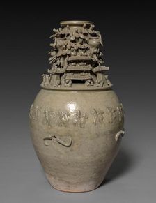 Funerary Urn (Hunping) with Figures, Pavilions, and Birds, 265-316. Creator: Unknown