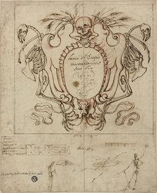 Funereal Cartouche with Inscription and Sketches of Skeletons and Ornamental Details, 1628. Creator: Baccio del Bianco