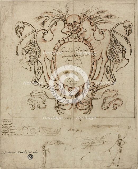 Funereal Cartouche with Inscription and Sketches of Skeletons and Ornamental Details, 1628. Creator: Baccio del Bianco.