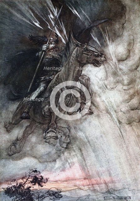 Furiously Wotan is riding to the rock. Illustration for The Rhinegold and The Valkyrie by Richard  Artist: Rackham, Arthur (1867-1939)