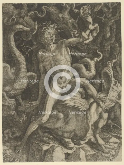 Fury personified as an old man riding a monster, holding a skull in his left hand, c..., ca.1520-39. Creator: Giovanni Jacopo Caraglio.
